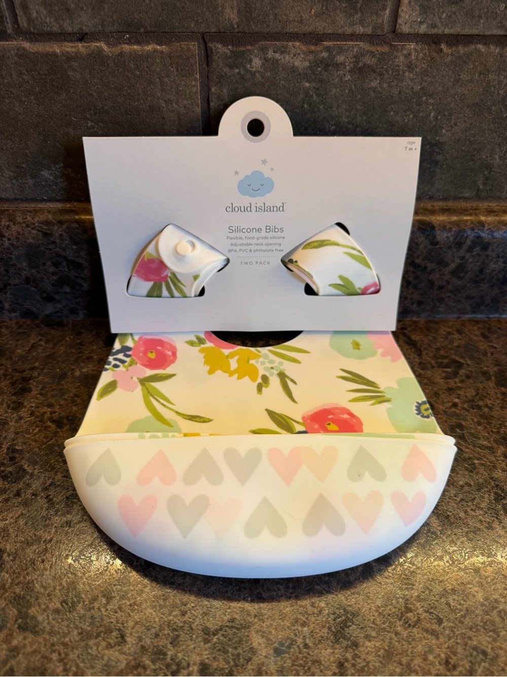 Cloud Island Floral Print Heart Design Silicone Bib Set 7M+